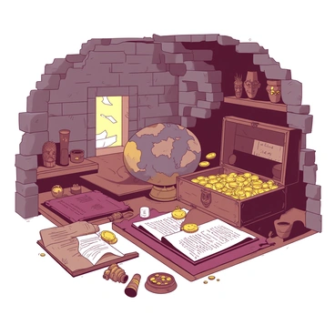 An ancient hidden room with stone walls and a low ceiling is filled with various treasures and artifacts from around the world. In the center, there is a large wooden chest overflowing with gold coins, sparkling jewels, and intricate jewelry. Surrounding the chest, there are ancient scrolls resting on a wooden table, alongside a large, ornate globe showcasing different continents. On the stone shelves lining the walls, there are beautifully crafted pottery pieces, masks from different cultures, and mysterious relics. Soft light filters in through a small, cracked window, illuminating the dust particles in the air.
