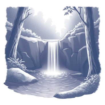 A hidden waterfall cascading down rocky cliffs. The water flows into a clear pool at the bottom, creating gentle ripples on the surface. Surrounding the pool is a dense forest with tall trees, their trunks thick and textured. Various plants and foliage grow lushly near the water's edge, adding to the natural setting. The area is tranquil, with sunlight filtering through the leaves overhead.