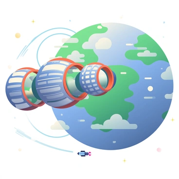 A large, futuristic space station with multiple interconnected spherical modules is orbiting Earth. The space station features sleek metallic surfaces and illuminated panels in various colors, including blue, green, and orange. In the background, the Earth is visible, showcasing its blue oceans and green landmasses, partially covered by swirling white clouds. Tiny spacecraft are seen traveling towards the station, with trails of light following them. The scene captures the vastness of space, filled with distant stars twinkling in the black void.