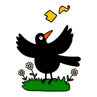 A playful crow with glossy black feathers is standing on a grassy patch. The crow is holding a piece of yellow cheese in its beak and is tossing it into the air. It has bright, intelligent eyes and its wings are slightly spread out as it prepares to catch the cheese. The scene is lively, with a few daisies and blades of grass surrounding the crow, emphasizing its playful nature.
