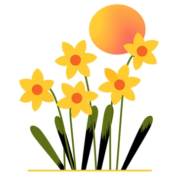 A group of daffodil flowers with distinct trumpet-shaped yellow blooms is arranged in various positions. The sun is setting in the background, casting a warm orange glow across the scene. The long shadows of the flowers stretch outwards, creating interesting shapes on the ground. The petals are slightly illuminated by the fading sunlight, enhancing the vibrant yellow color of the blooms. The sky above showcases a gradient from orange to deep blue as night approaches.