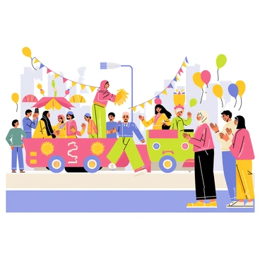 A girl wearing a "hijab" is standing on the side of a street, her face lit up with joy as she watches a vibrant parade. The parade features "colorful floats" adorned with bright decorations and intricate designs, showcasing different themes. People dressed in elaborate costumes are performing lively dances and entertaining the crowd. Balloons in various shades float through the air, adding to the festive atmosphere, while spectators around her are smiling and clapping. The scene is filled with energy and excitement, capturing the essence of celebration.