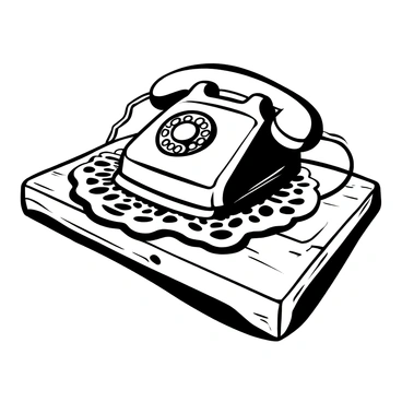 An old rotary dial telephone resting on a wooden table. The telephone has a classic design with a circular dial and a coiled cord. A delicate lace doily is placed under the telephone, featuring intricate patterns. The surface of the wooden table has a polished finish, showing grains and knots. Soft shadows are cast by the telephone, enhancing the details of the doily and the texture of the wood.