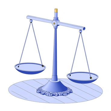 An old-fashioned scale is positioned on a wooden surface. The scale features a central beam resting on a pivot, with equal weights suspended on both sides. The weights are cylindrical, made of brass, and are polished to a shine. The scale's arms extend horizontally from the center, perfectly parallel to each other. The base of the scale is intricate, with ornate designs engraved on it. The background is softly blurred to keep the focus on the scale, which is prominently displayed, clearly indicating balance.