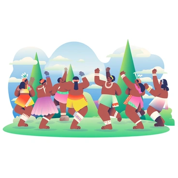 A group of indigenous people is gathered together in a lush green clearing, performing a traditional dance. They are wearing vibrant, colorful attire adorned with intricate patterns and beadwork. Some dancers have feathered headdresses, while others have body paint that reflects their cultural heritage. The dancers are moving rhythmically in a circle, with their arms raised high and feet stomping in sync. In the background, there are tall trees and a bright blue sky, enhancing the vibrant colors of their clothing and the energy of the performance.