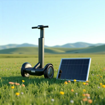 A Segway with a sleek, modern design is positioned next to a portable solar panel. The Segway has black handles and a sturdy frame, while the solar panel is flat and rectangular, displaying a dark surface that catches the sunlight. The open meadow around them is lush and green, dotted with colorful wildflowers. In the background, gentle hills rise against a clear blue sky, creating a serene landscape. The sunlight casts soft shadows on the ground, enhancing the vivid colors of the scene.