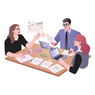 A group of three colleagues is gathered around a table in an office setting. The first colleague, a woman with shoulder-length brown hair, is handing over a feedback form to the second colleague, a man with short black hair, who is wearing glasses and a blue shirt. The third colleague, a woman with curly red hair, is observing the exchange while sitting at the table, holding a pen in her right hand and taking notes on a notepad. The table is cluttered with several feedback forms, colorful sticky notes, and a laptop open displaying a spreadsheet. A calendar and a coffee mug are in the background, indicating a busy work environment.