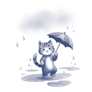 A cat with a tiny umbrella is walking through puddles on a rainy day. The cat is small and has distinct fur patterns, with its tail held high in a playful manner. The tiny umbrella, which is brightly patterned, is being held above the cat's head, providing shelter from the rain. Water droplets can be seen splashing as the cat steps into the puddles, creating ripples. Background elements include a gray sky filled with thick clouds and occasional raindrops falling to the ground.