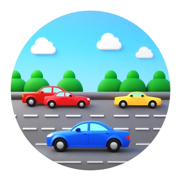 A highway scene featuring several solid-colored cars in various shades, such as red, blue, and yellow, driving along a multi-lane road. The cars are in motion, showcasing their sleek designs as they travel side by side. Above them, a bright blue sky with a few fluffy white clouds stretches across the horizon, illuminating the scene with natural light. Green trees line the sides of the highway, adding a touch of nature to the backdrop.