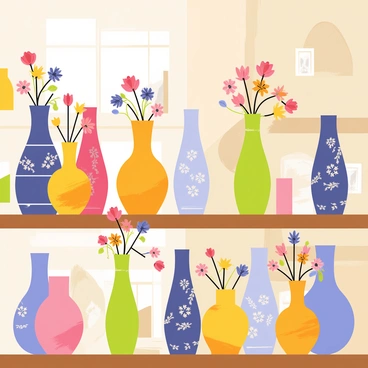 A collection of unique vases arranged on a wooden shelf in a shop. Each vase has a distinct shape and color, with patterns ranging from floral to geometric designs. Next to each vase, there is a matching bouquet featuring vibrant flowers, including roses, lilies, and daisies, carefully curated to complement the colors of the vases. Soft lighting illuminates the display, highlighting the textures of the vases and the freshness of the flowers. The background of the shop is filled with other decorative items, creating an inviting shopping atmosphere.