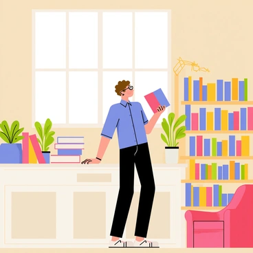 A man with short brown hair, wearing a blue shirt and glasses, is browsing through a quaint bookstore. The interior features wooden shelves that are filled with colorful books of various sizes. Some books are stacked on the counter, while others are arranged neatly on the shelves. Soft light filters in through a big window, illuminating the room and creating a warm atmosphere. There are a few potted plants placed strategically around the bookstore, adding a touch of greenery. A cozy reading nook with a plush armchair is visible in the corner, inviting readers to sit and enjoy a book.