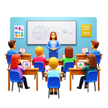 A classroom with students actively participating in a lesson about "ATP." The students are sitting at desks, engaged with various interactive materials. Some are using colorful models of the ATP molecule, while others are viewing digital displays showing the energy transfer process. The teacher is standing at the front, explaining concepts with a large diagram of "ATP" on the whiteboard. Bright posters about cellular energy decorate the walls. Each student has a focused expression, showcasing their interest in the subject.