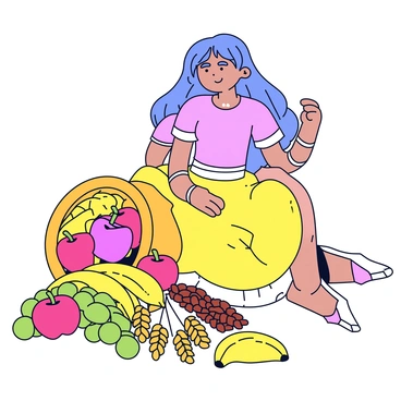 A goddess with long flowing hair and a serene expression. She is seated gracefully with a radiant aura. Surrounding her is a cornucopia filled with an array of colorful fruits, including red apples, yellow bananas, and green grapes. There are also various grains, such as golden wheat and brown rice, spilling out of the cornucopia. The scene is vibrant with the rich colors of the fruits and grains, enhancing the overall composition.