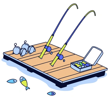 A wooden dock with planks that show signs of weathering. On the dock, there is a collection of fishing gear neatly laid out. Two fishing rods are positioned upright, showcasing their long lengths and guides. Next to the rods, there are several reels, each with a shiny metallic finish, reflecting the sunlight. A small tackle box is open, revealing an assortment of colorful baits specifically designed for largemouth bass, including soft plastics in bright green and blue hues. The scene captures the essence of a quiet day by the water, with a few fishing lures scattered around.