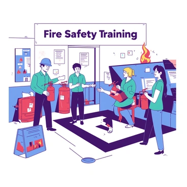 A group of employees is gathered in a training room, each holding a fire extinguisher. The room is equipped with safety posters on the walls, and a large white banner that reads "Fire Safety Training" is hanging above. One employee, a man wearing a blue safety helmet, is demonstrating the proper technique to operate the extinguisher. Another employee, a woman in a teal shirt, is attentively watching and taking notes on a clipboard. The floor is marked with a large white outline indicating the training area. Various fire safety equipment is placed around the room, including a practice fire simulation in the corner.