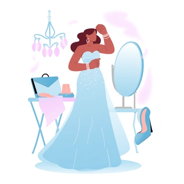 A girl is wearing a flowing, elegant evening gown that cascades to the floor. The gown is adorned with intricate beadwork and has a shimmering fabric that catches the light. She is standing in front of a large mirror, adjusting her hair which is styled in soft waves. Surrounding her are various accessories, including sparkling earrings and a delicate bracelet. In the background, a softly glowing chandelier provides warm illumination, enhancing the glamorous atmosphere of the scene. A stylish clutch bag rests on a nearby table, and a pair of elegant heels sits beside it, ready for the event.