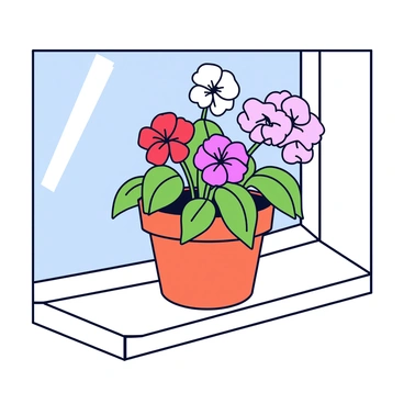 A flower pot with a terracotta texture filled with vibrant geraniums in shades of red, pink, and white. The flowers are in full bloom, showcasing their rounded petals. The pot is placed on a bright, sunny windowsill that is made of white wood. Sunlight streams in, casting light shadows and highlighting the colors of the flowers.