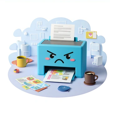 A cartoonish printer with a bright blue body and a grumpy face. Its eyes are narrowed, and it has a frown with furrowed brows. The printer is refusing to print, with a piece of paper half inserted and jammed. There are colorful illustrations and designs scattered around it on a desk. The background includes a cluttered workspace with office supplies, a computer, and a coffee mug, adding to the busy atmosphere. The printer has small cartoonish arms crossed in front of it, emphasizing its refusal.