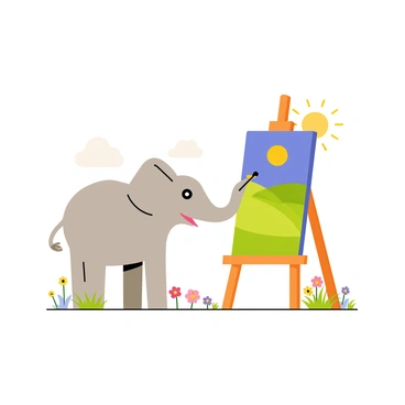 Babar the elephant is standing in front of an easel, carefully painting a landscape scene. The easel holds a canvas with bright, vibrant colors that depict rolling green hills and a clear blue sky. Babar is using a paintbrush to add details to the landscape. The sun is shining brightly overhead, casting warm light on the scene. Around Babar, there are colorful flowers blooming and a few fluffy white clouds in the sky. The overall setting is lively and filled with the joy of a sunny day.