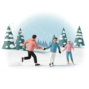 A group of winter athletes, each wearing brightly colored winter sports gear, are legging it in a snow relay race. One athlete, a man in a red jacket and black pants, is passing a baton to a woman in a blue jacket and white snow pants, who is preparing to sprint. Snowflakes are falling gently around them, creating a dynamic atmosphere. The backdrop features a snowy landscape with tall evergreen trees dusted in white snow, and a clear blue sky above, enhancing the winter scene.