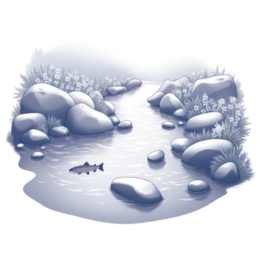 A mountain stream flows gently through a rocky landscape. The water glistens as it reflects the surrounding flora. There are smooth stones lining the banks, partially submerged, creating small ripples in the water. Just below the surface, a trout swims gracefully, its body partially visible through the clear water. The banks of the stream are dotted with lush vegetation, including ferns and small wildflowers, enhancing the natural beauty of the scene.