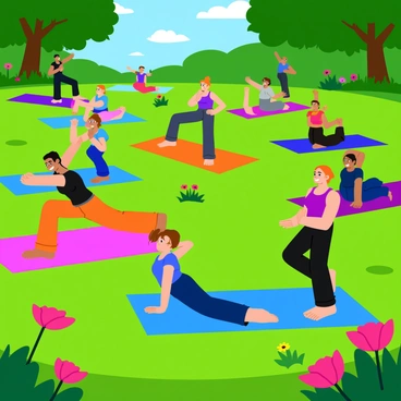 A diverse group of people practicing yoga in a vibrant park. The scene features individuals of various ethnicities and ages, each performing different yoga poses on colorful mats. The park is filled with lush green grass and blooming flowers in a variety of colors. Sunlight filters through the trees, creating playful patterns on the ground. Some people are in warrior poses, while others are in downward dogs or seated meditations. A few participants are smiling and enjoying the moment, while others are focused on their breathing. The overall atmosphere is lively and energetic.