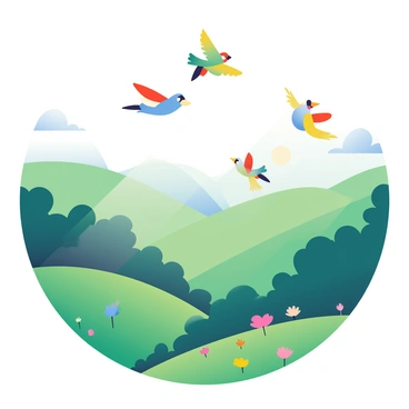 A flock of colorful birds is soaring high in the sky above a lush green valley. The birds display vibrant plumage in shades of blue, red, yellow, and green as they glide gracefully. Below them, the valley is filled with dense trees and patches of wildflowers in various colors. The sunlight filters through the leaves, creating dappled shadows on the ground. In the background, rolling hills create a gentle undulation, enhancing the beauty of the natural landscape. The scene captures a sense of freedom and the splendor of nature.