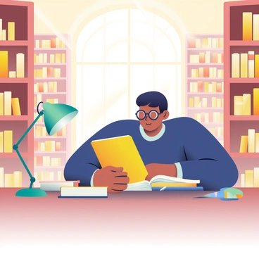 A student with light brown skin and short black hair is sitting at a wooden desk in a grand library. The student is wearing glasses and a navy blue sweater. They are focused on reading a large book with a yellow cover that is opened in front of them. Surrounding the desk are towering bookshelves filled with various books in shades of brown and gold. There is a small green desk lamp providing light, and a few notebooks are scattered on the desk. Soft sunlight is streaming in through large arched windows, illuminating the library's ornate details and creating a warm atmosphere.