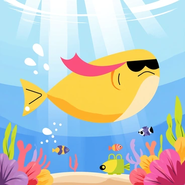 A heroic blobfish with a plump, round body, wearing a bright red cape and a black mask over its eyes. The blobfish is depicted soaring gracefully through the ocean depths, surrounded by various colorful fish and vibrant coral reefs. Bubbles trail behind the blobfish as it swims, representing its swift movement in the water. Sunlight filters down from above, creating a shimmering effect on the ocean floor.