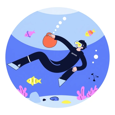 A diver wearing a black wetsuit is underwater, lifting a bright orange kettlebell. The diver's mask reflects the shimmering light filtering down from the surface. Surrounding the diver, there are fish of various colors swimming gracefully in the tranquil blue water. The ocean floor is visible with soft coral formations and scattered rocks providing a natural habitat for small sea creatures. Light bubbles rise from the kettlebell as it is being lifted, creating a dynamic interaction in the peaceful underwater scene.