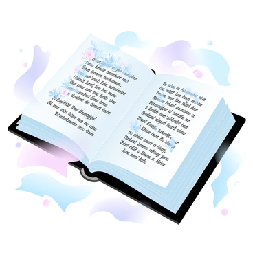 An open book lies on a wooden table, its pages displaying beautifully illustrated excerpts from Shakespeare's sonnets. The illustrations feature delicate floral motifs intertwined with lyrical text. Scattered around the book are various sheets of parchment, each with different artistic depictions of sonnet themes, such as love, beauty, and time. A soft light gently bathes the scene, highlighting the intricate details in the illustrations and the texture of the pages.