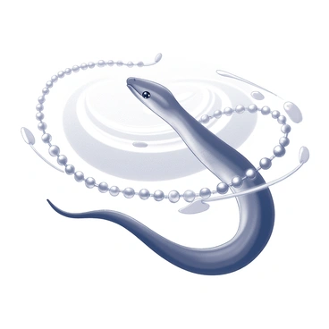 An eel is gracefully swimming in clear water. The eel has a long, slender body and is playfully entwining itself around strings of glistening pearls. The pearls reflect light, creating a shimmering effect in the surrounding water. The scene includes gentle ripples caused by the movement of the eel, enhancing the fluidity of its motion. The background features the subtle contours of the underwater environment, highlighting the playful interaction between the eel and the pearls.