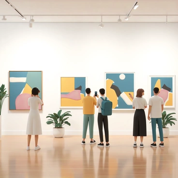 A spacious art gallery with white walls and polished wooden floors. The gallery is filled with vibrant contemporary paintings in various sizes and styles, featuring bold colors and abstract designs. Visitors are seen admiring the artwork, engaging in conversation, and taking photographs. Soft lighting highlights each painting, creating a warm and inviting atmosphere. Potted plants are placed strategically around the room, adding a touch of greenery to the space.