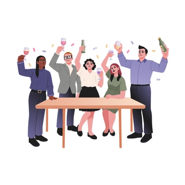 A group of five people standing around a wooden table, all raising glasses in celebration. The first person on the left is a woman with dark skin and long black hair, wearing a navy suit and holding a champagne flute. Next to her is a man with light skin and glasses, dressed in a gray suit, raising a glass of red wine. The third person is a woman with medium skin and curly brown hair, wearing a white blouse and black skirt, holding a cocktail. Beside her is a man with dark hair and light skin in a casual blue shirt, lifting a beer bottle. Finally, on the right is a woman with short red hair, dressed in a green dress, holding a sparkling drink. The atmosphere is lively, with smiles on their faces and confetti scattered around the table.
