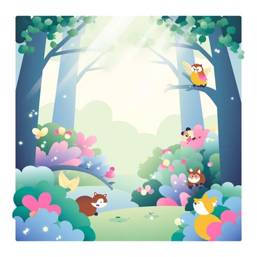 A whimsical forest is filled with colorful, glowing plants illuminating the surroundings. Various plants have vibrant shades of pink, blue, and yellow, with gentle light emanating from their petals and leaves. Among the foliage, small, delicate fairies with iridescent wings flit about, leaving trails of sparkling dust in their wake. Nearby, a group of talking animals, including a wise owl perched on a branch and a playful fox peeking from behind a bush, interact curiously with each other. The ground is carpeted with soft moss, and rays of light filter through the tall, leafy trees, casting dappled patterns on the forest floor.