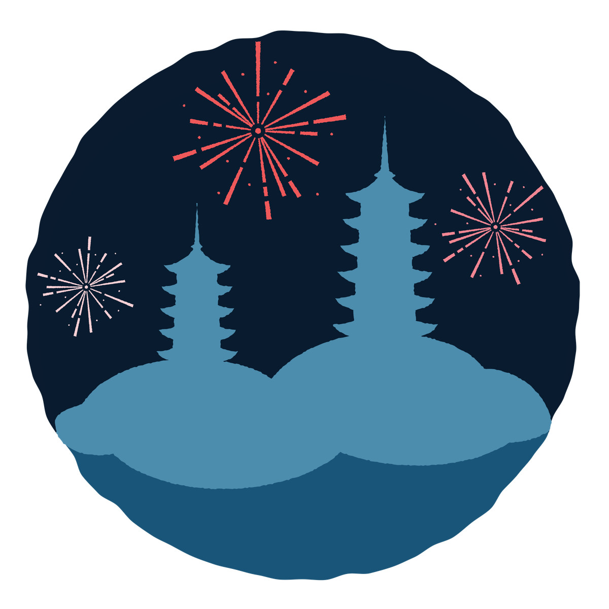 Pagodas under fireworks at night, Chinese New Year celebration illustration in Cherry style download in PNG, SVG
