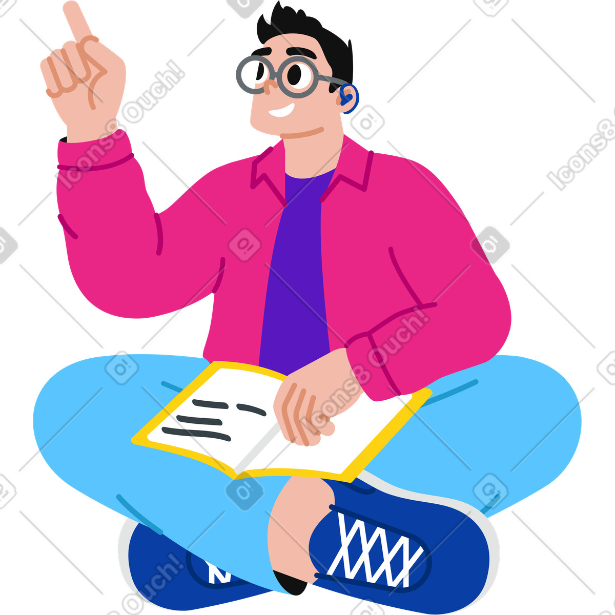 Man with a hearing aid sitting cross legged with a book illustration in Active style download in PNG, SVG