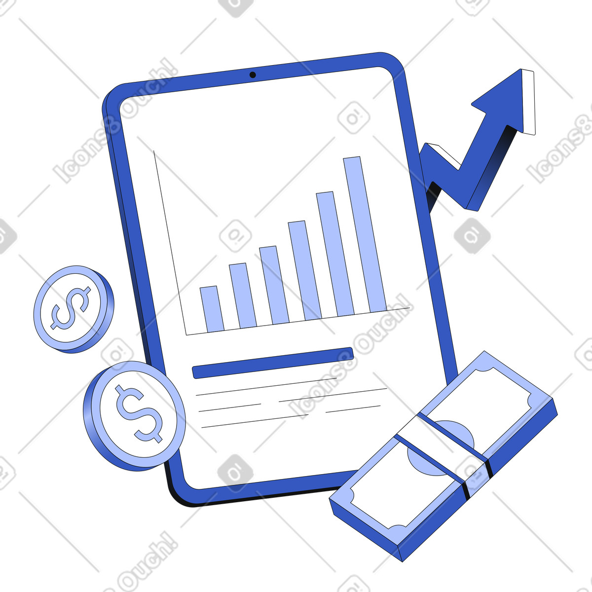 Tablet con grafico di crescita finanziaria e denaro illustrazione in stile Techny scarica in PNG, SVG