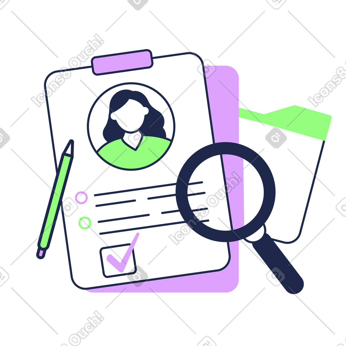 Analyzing applicant profile on clipboard, Job candidate evaluation and hiring illustration in Outline style download in PNG, SVG
