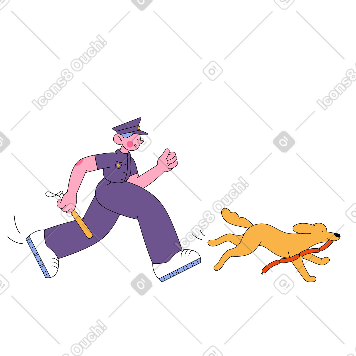Bloom スタイルの 警官がソーセージを持った犬を追いかける のイラストをPNG、SVG形式でダウンロード