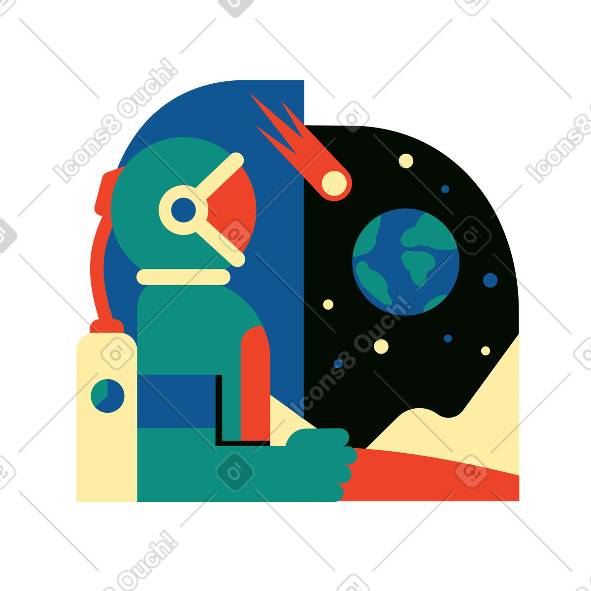 Ilustración Astronauta observando la caída del cometa a tierra. en estilo Polar descargar en PNG y SVG