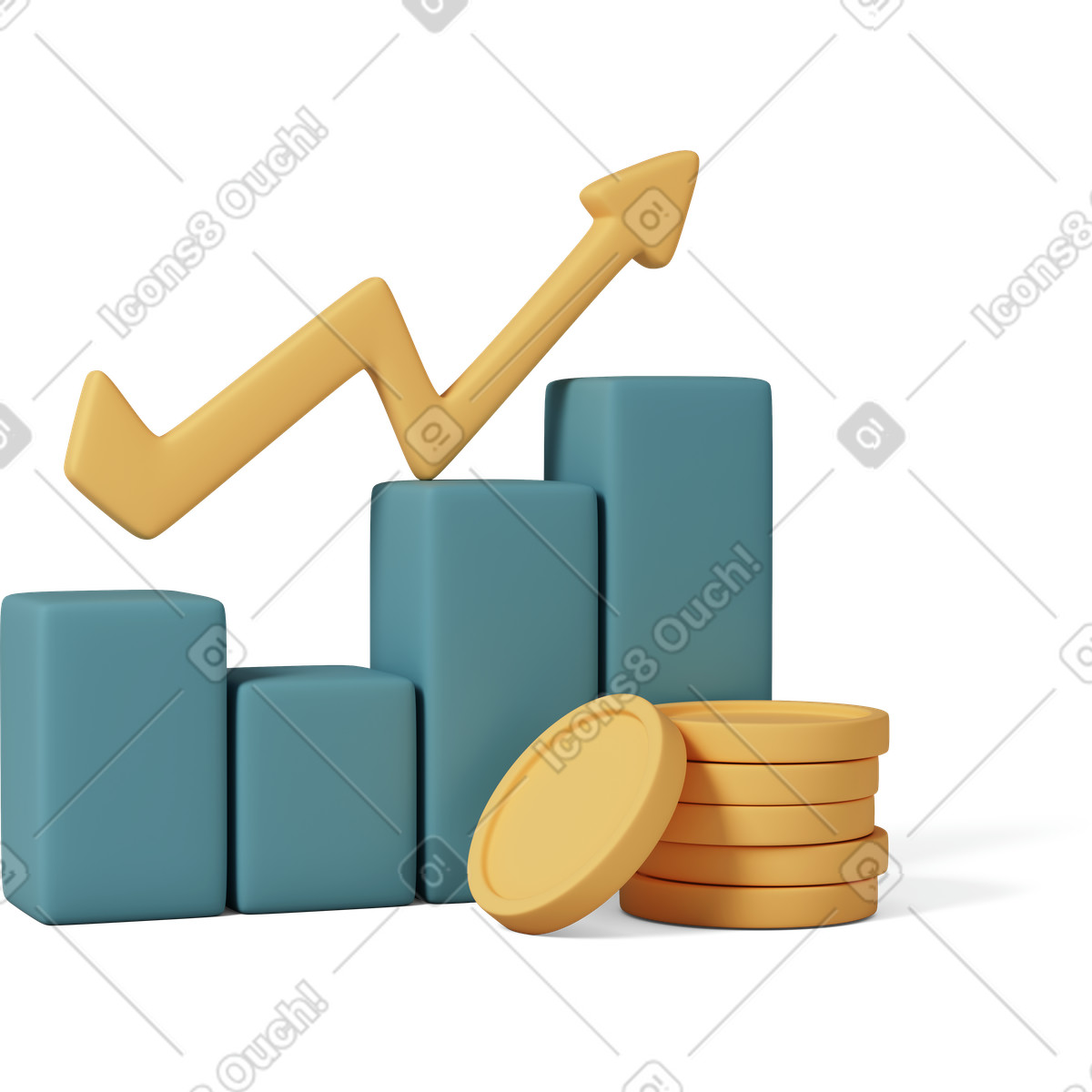 Yellow ascending arrow and bar chart with coins-Illustration im 3D Casual life-Stil als Download in PNG, SVG