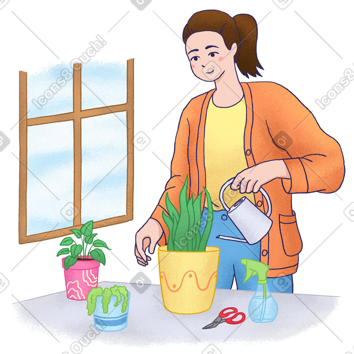 Woman watering and clipping houseplants illustration in Hue style download in PNG, SVG
