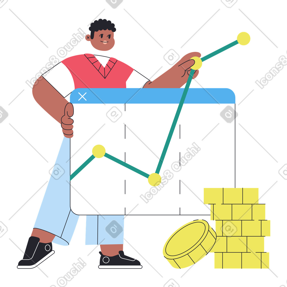 Illustration Presenter pointing to growing chart next gold coins, Business analytics and revenue increase dans le style Boba à télécharger aux formats PNG, SVG
