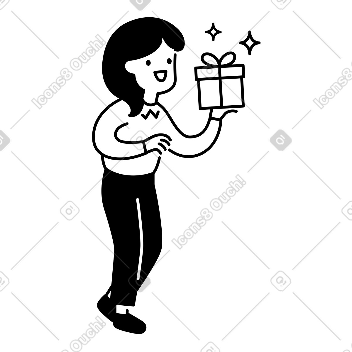 Gift box held by happy character with sparkles around it-Illustration im Notion Line Art-Stil als Download in PNG, SVG