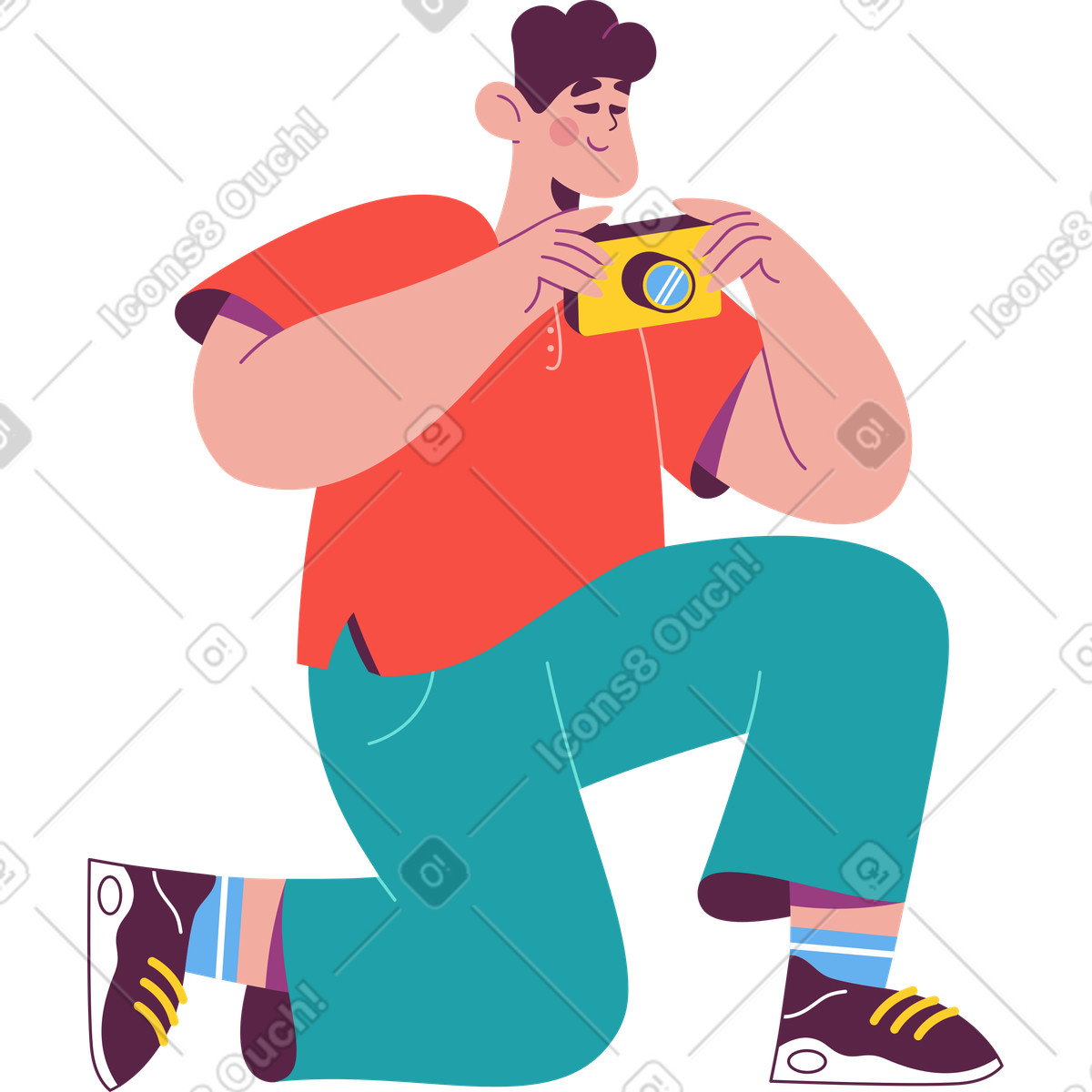 Ilustración El hombre se arrodilló sobre una rodilla con cámara en estilo Sammy a descargar en PNG y SVG