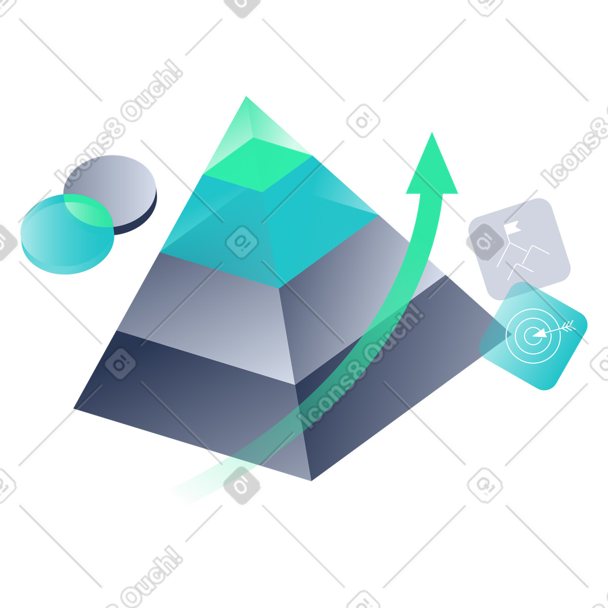 Pir&aacute;mide con flecha, icono de objetivo, icono de meta, crecimiento del ajuste producto-mercado, estrategia de escalamiento de producto illustration in Lucent style download in PNG, SVG