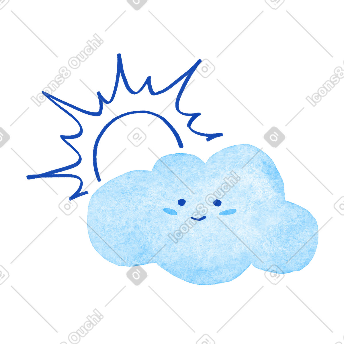 下载 Tint 风格的 Cloud character with smiling face and sunburst lines behind 插画，支持 PNG、SVG 格式
