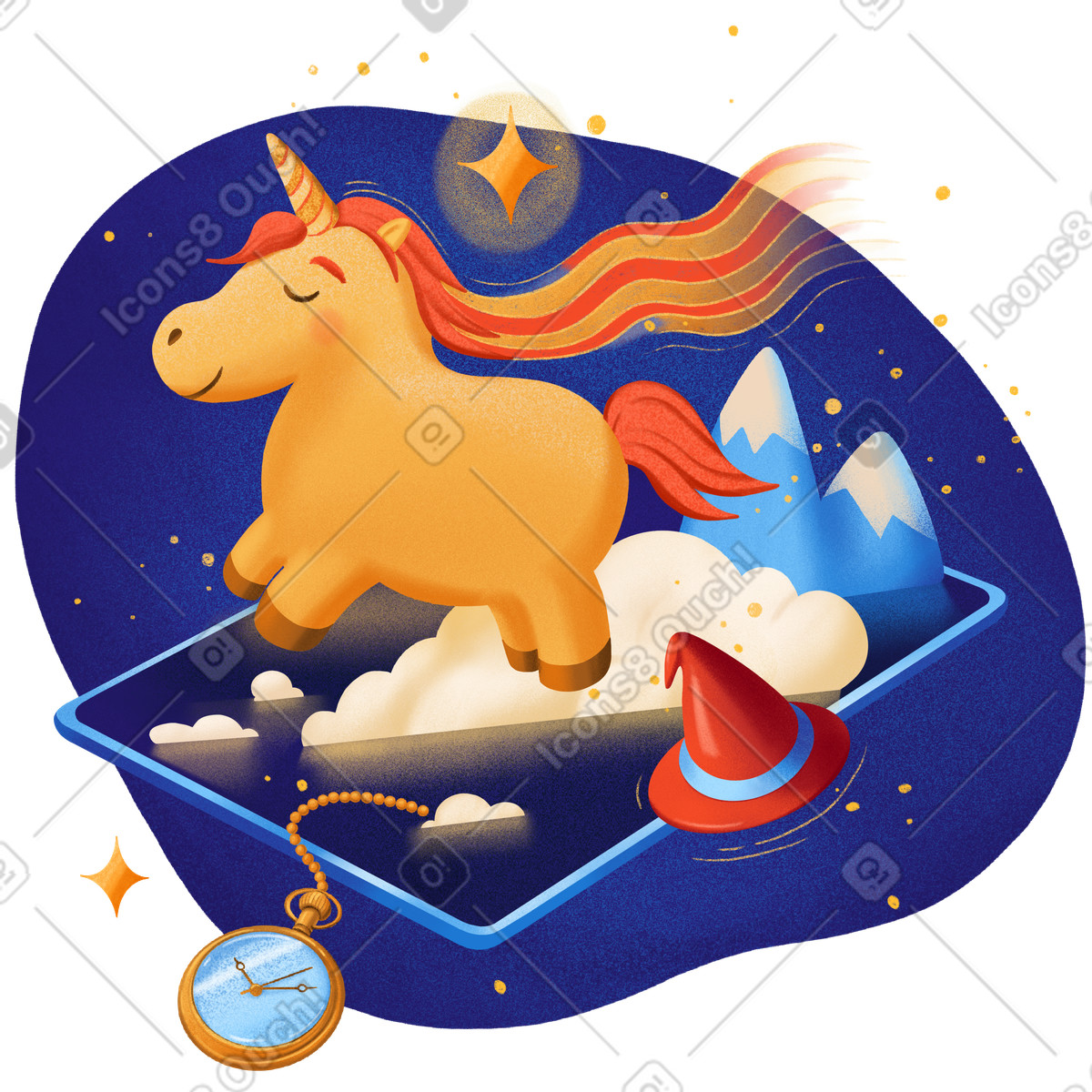 Ilustración Unicornio mágico y tierra de fantasía en ipad estilo Gleam a descargar PNG SVG