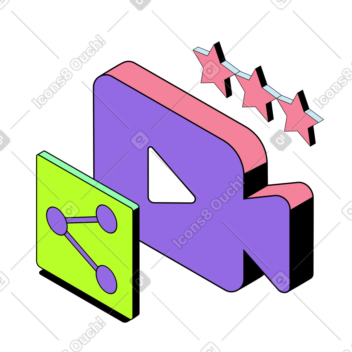Ilustración Símbolo de cámara con estrellas e ícono para compartir, publicación videos en redes sociales estilo Project a descargar PNG y SVG